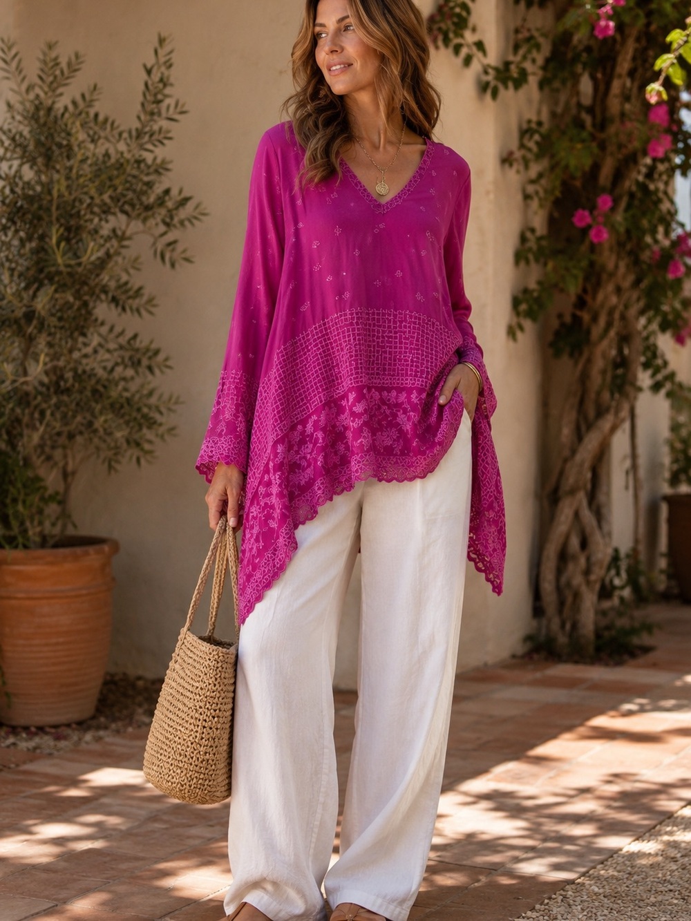 Johnny Was Magenta Embroidered Eyelet Handkerchief Tunic Size Medium